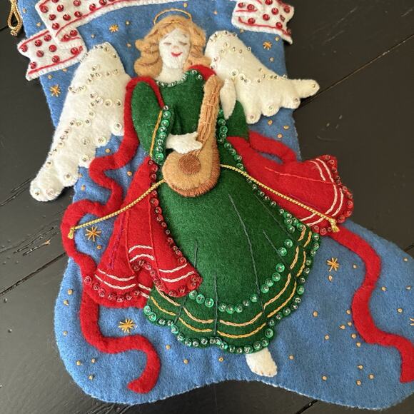 Vintage Completed Bucilla Heavenly Minstrel Angel Felt Christmas Stocking 3D - Picture 3 of 3